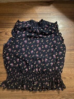 J. Crew Navy Floral Smocked Ruffle Sleeveless Blouse